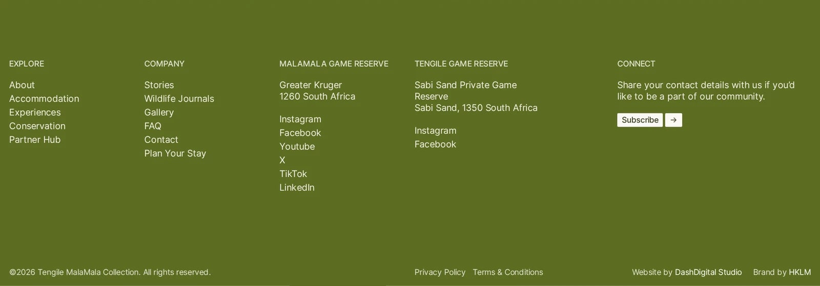 footer section of Tengile MalaMala Collection