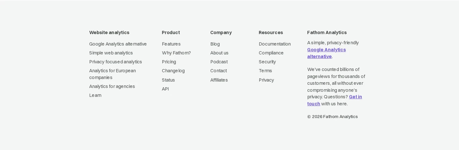 footer section of Fathom Analytics